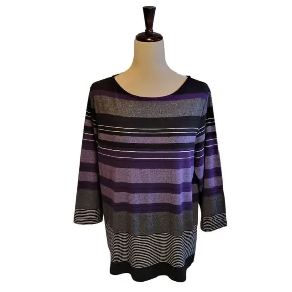 Christopher & Banks Purple and Black 3/4 Sleeve Striped Top Size XL - Picture 2 of 8
